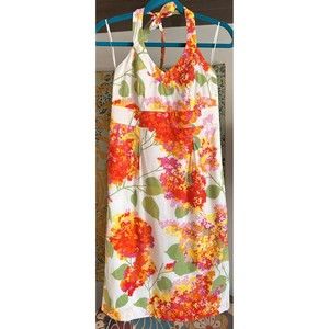 Boden Halter Sun Dress Cotton Floral Print Pleated Orange Green Yellow 4R bv